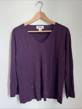 Bob Mackie | Studio Deep Plum V-Neck Sweater with Subtle Sparkle Size XL
